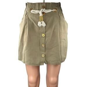 Zara Green Drawstring Button High Waist Pockets Mini Paperbag A-Line Skirt Sz M